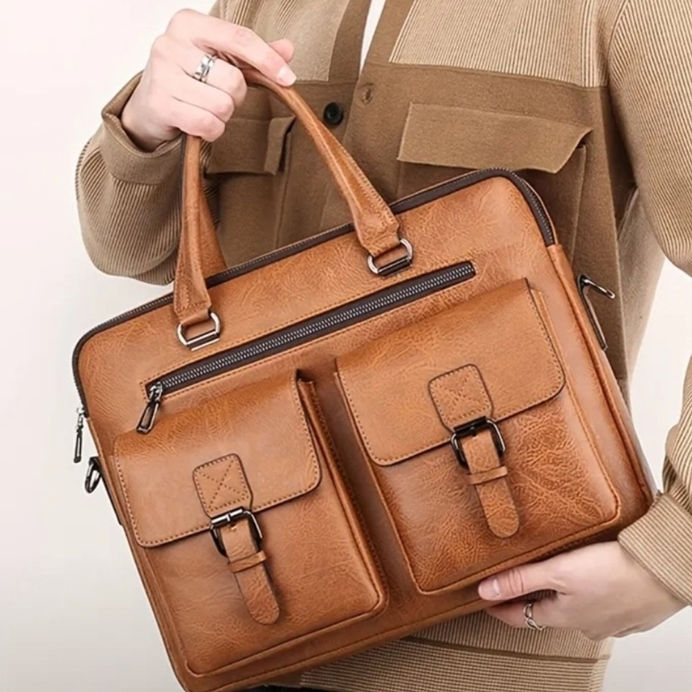 NEW - Sophisticated Tan Vegan Leather Briefcase for Men